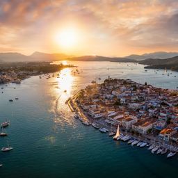 Zonsondergang uitzicht op de haven van Poros