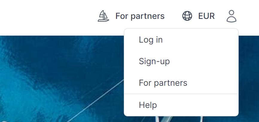 Le menu utilisateur en haut à droite de borrowaboat.com, avec Log in, Sign-up, For partners et Help