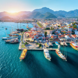 Aerial view of boats and beautiful architecture at sunset in Marmaris, Turkey