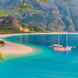 Gulet anchored in front of Turkish coast